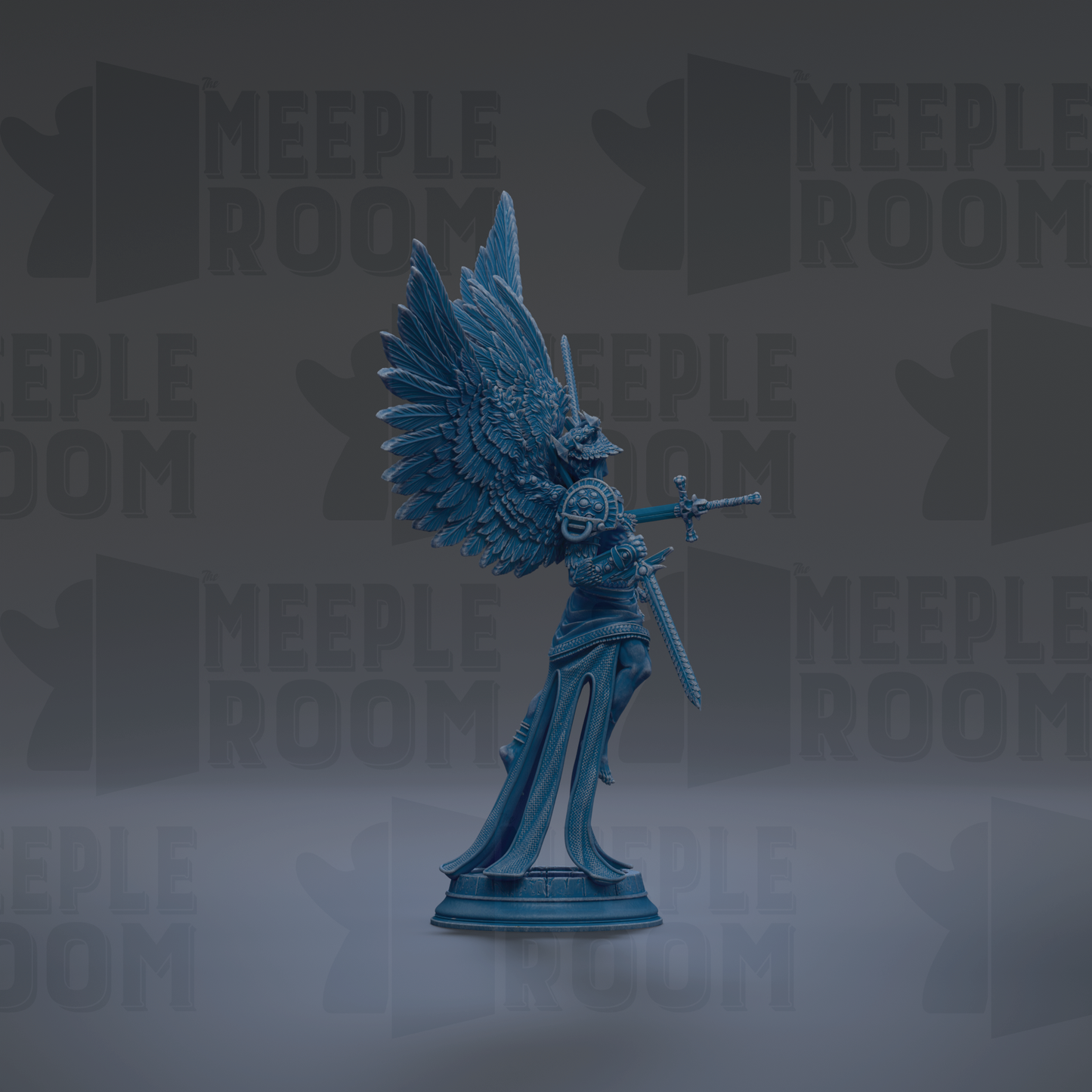 A blue statue of a winged figure holding a sword stands prominently against a dark background with repeated "MEIPLE ROOM" text.