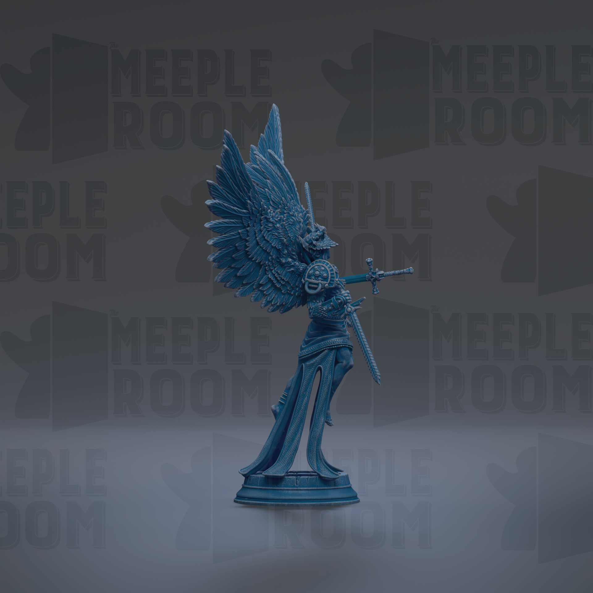 A blue statue of a winged figure holding a sword stands prominently against a dark background with repeated "MEIPLE ROOM" text.