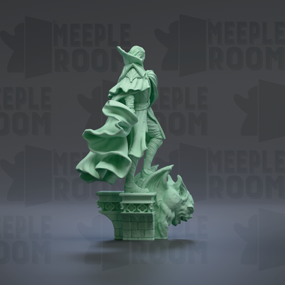 A green statue of a person standing on a pedestal, with a large, fierce-looking creature, possibly a dragon, behind them. The background has the text "MEUPLE ROOM" repeated multiple times.