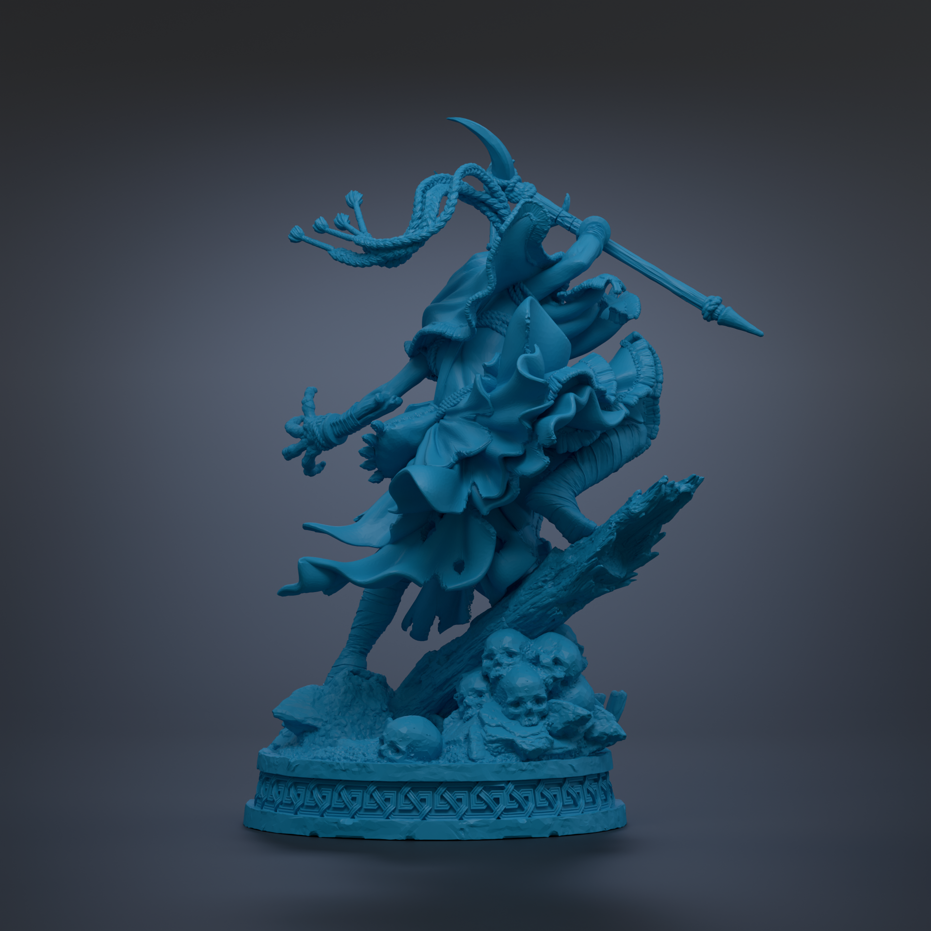 A blue, 3D-rendered statue depicting a fantastical, winged creature with intricate details and flowing robes, standing on a base with a skull and other symbolic elements.