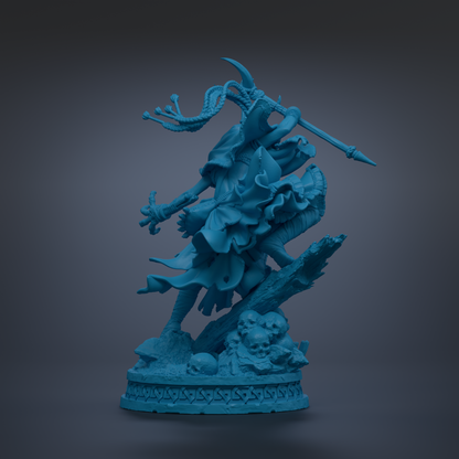 A blue, 3D-rendered statue depicting a fantastical, winged creature with intricate details and flowing robes, standing on a base with a skull and other symbolic elements.