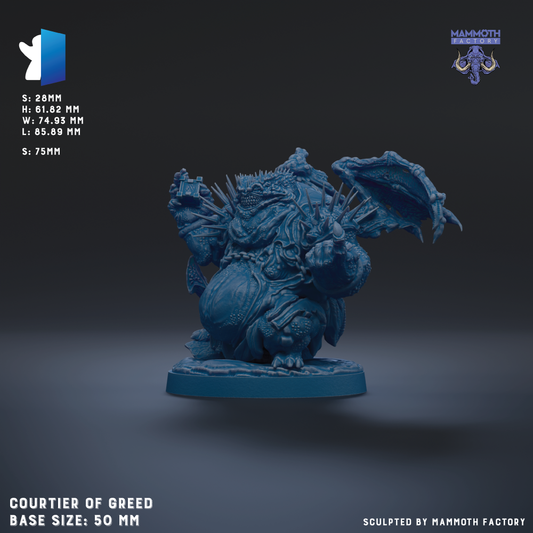 The image is a 3D rendering of a figurine of a creature with a large body, sharp teeth, and a blue-colored body. The creature appears to be a fantastical or mythical creature, possibly a monster or a dragon. The figurine is sitting on a base and is depicted in a dynamic pose, with one arm raised and the other holding an object. The image is described as a "COURTIER OF GREED" figurine, which suggests that it is a collectible item or a piece of art. The base size of the figurine is 50 millimeters.