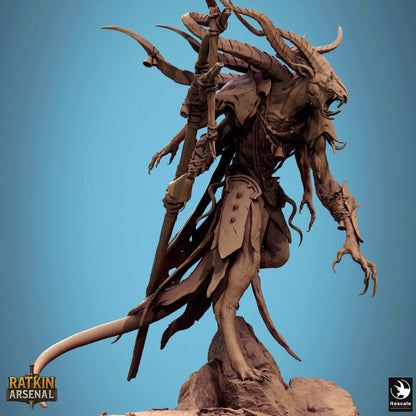 a large, detailed statue of a creature with horns and claws, standing on a rock formation against a blue background.