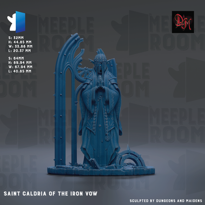 The image is a 3D rendering of a statue of a figure in a robe, standing on a pedestal. The figure appears to be a saint or deity, with intricate details and a blue color scheme. The background of the image is dark, providing a contrast to the figure and making it stand out. The image is described as a "Sculpted by gamers and maidens" and is titled "Saint Caldria of the Iron Vow".