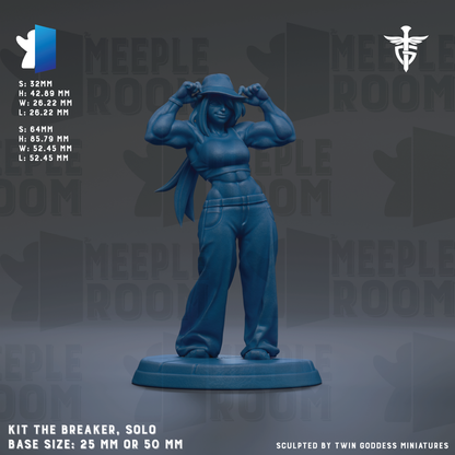 a blue figurine of a muscular woman wearing a hat and standing with her hands on her hips. The figurine is described as a "KIT THE BREAKER, SOLO" and is shown in various sizes, including 25mm and 50mm. The image is a collage of multiple images, and the phrase "The image depicts" is not used. The phrase "Sculpted by TWIN GODESS MINIATURES" is at the bottom of the image.