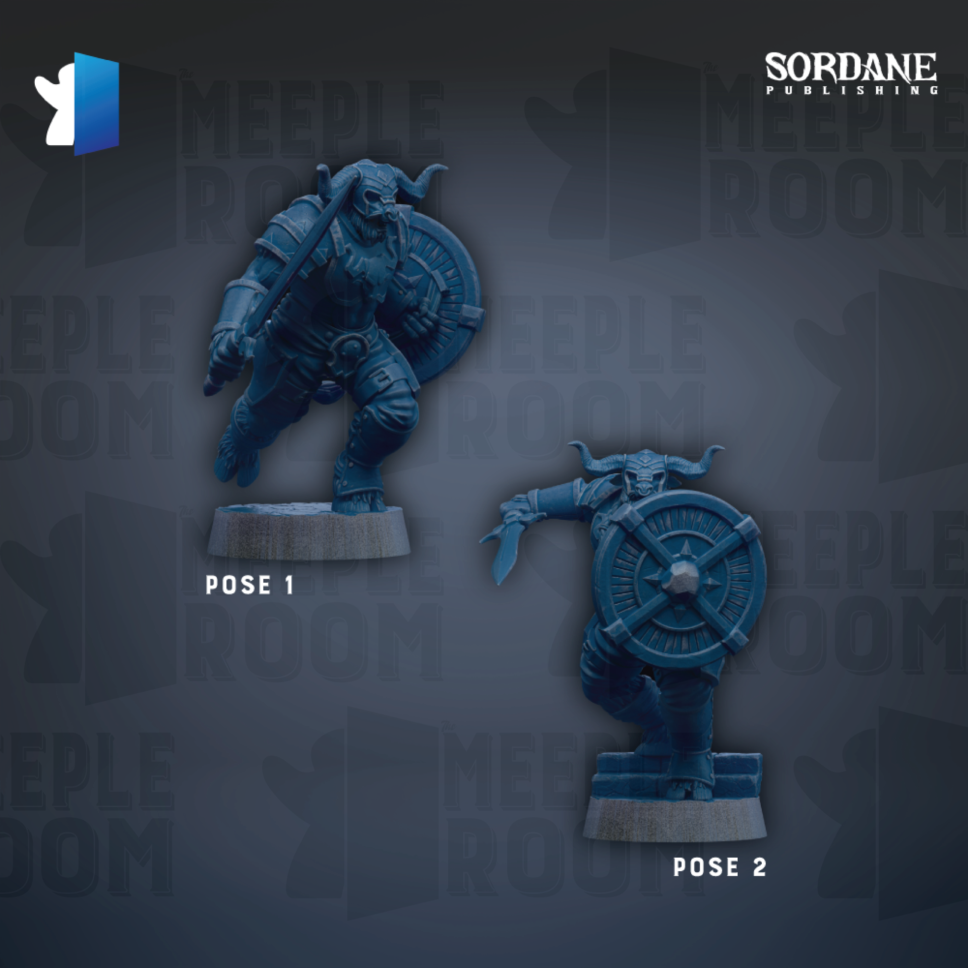 two blue figurines, one standing and one kneeling, with the text "POSE 1" and "POSE 2" indicating the pose of each figurine.