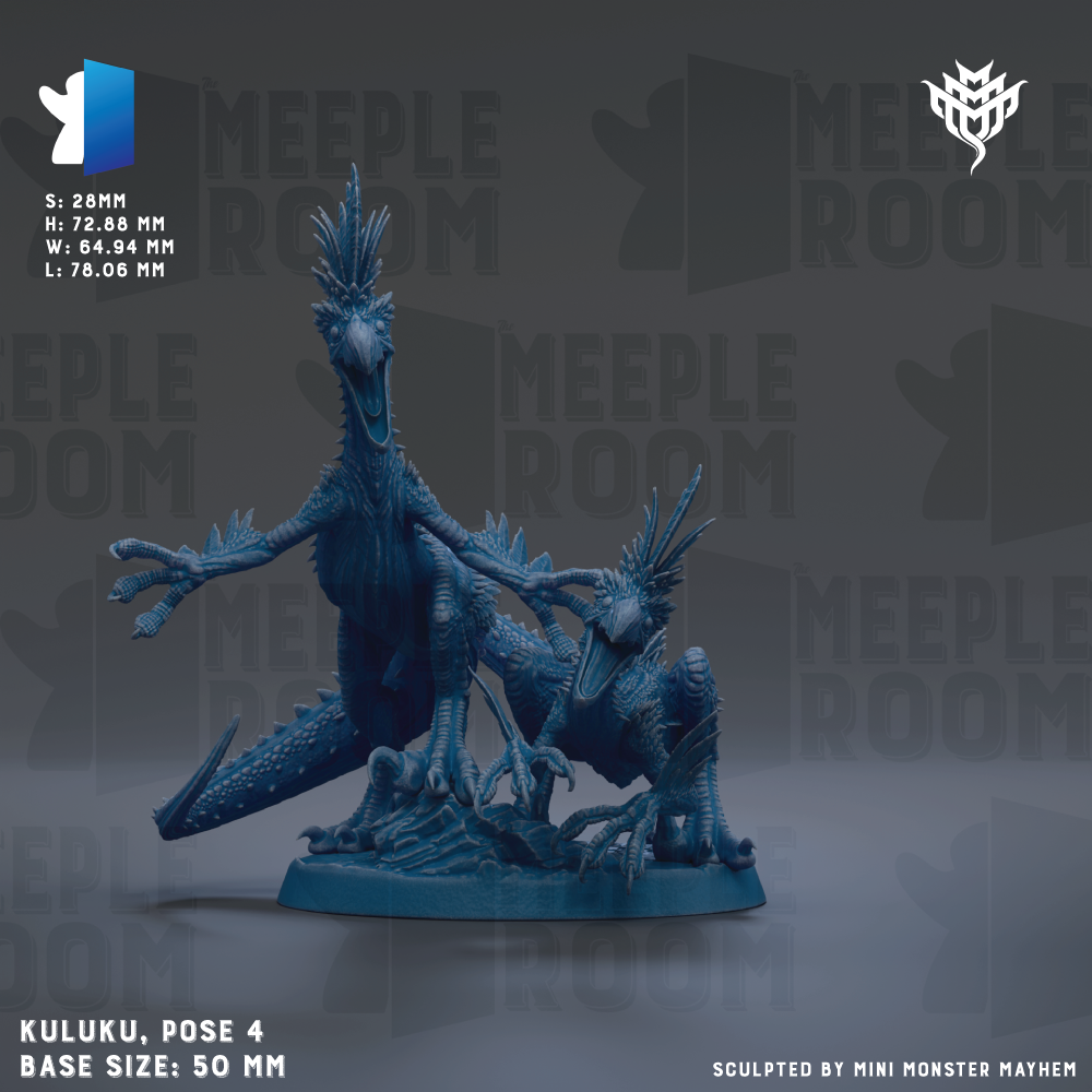 a blue figurine of a dinosaur-like creature with sharp teeth and claws, posed in a dynamic and aggressive manner. The figurine is described as a "Kulaku, pose 4" and is shown in a "base size: 50mm". The background of the image is a dark gray color, which contrasts with the blue of the figurine and makes it stand out. The image does not contain any text, and the focus is on the figurine and its pose.