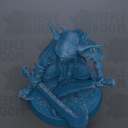A blue figurine of a creature with horns and a long tail, holding a large weapon, is depicted in the image.