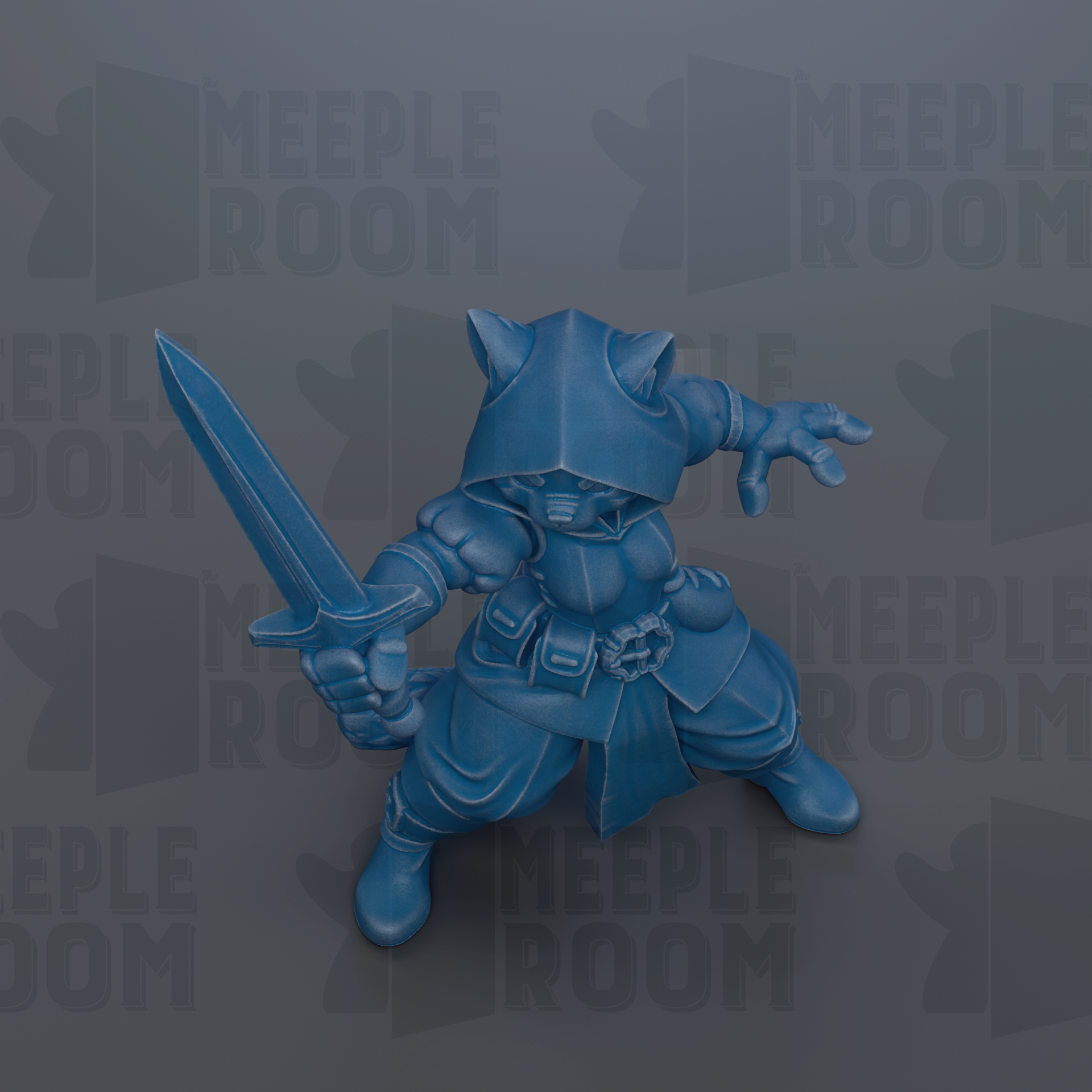A blue 3D model of a character holding a sword and wearing a hooded outfit, set against a dark background with repeated text.