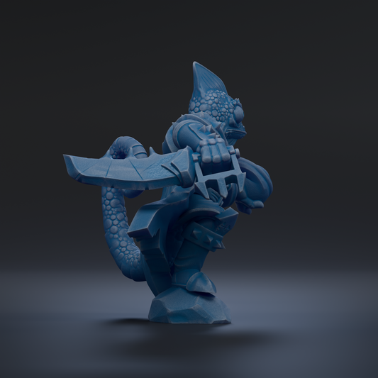 A 3D rendering of a blue, fantastical creature with a pointed head and sharp teeth, holding a large weapon in its hands.