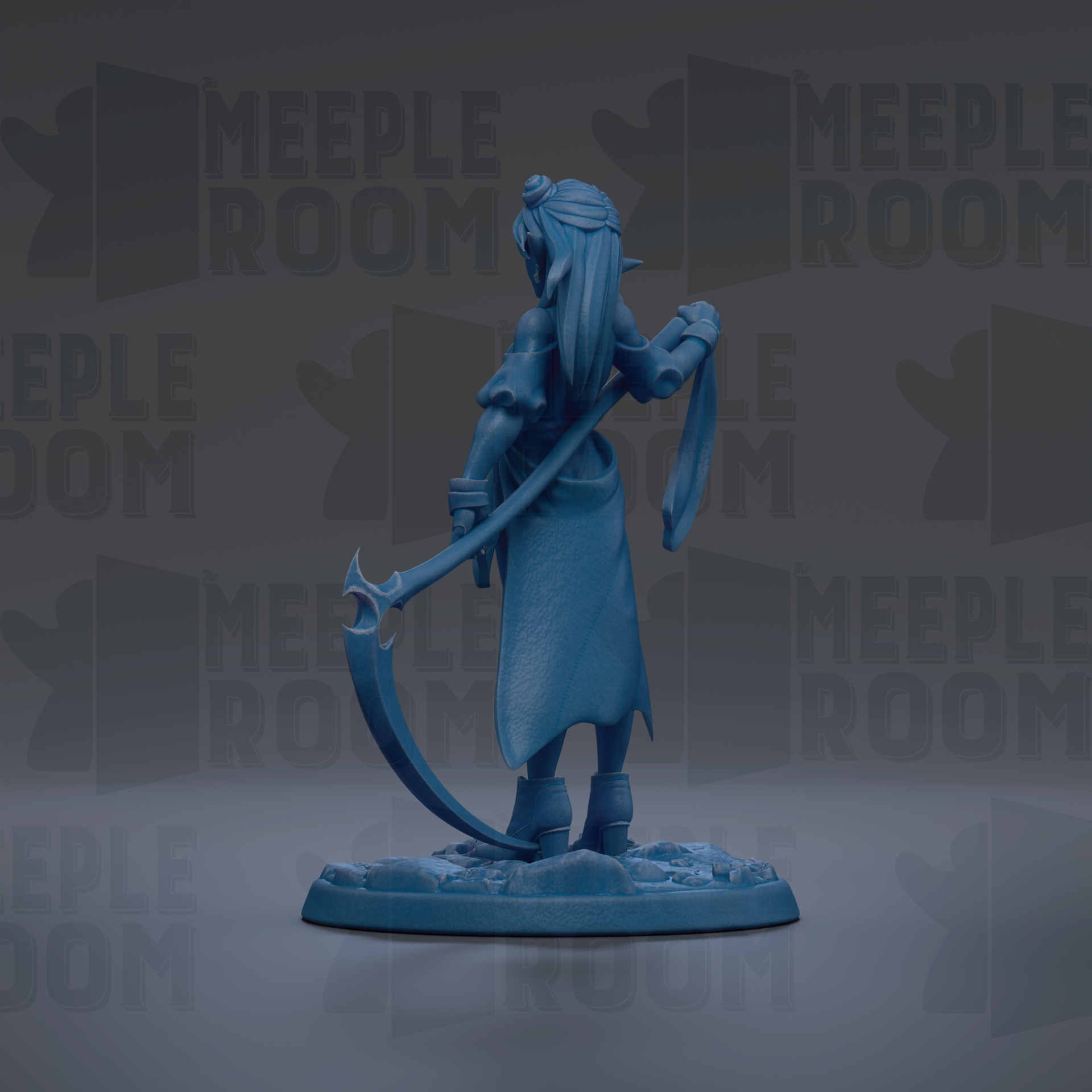 A blue figurine of a female character with long hair and a flowing dress, holding a sword and standing on a base.
