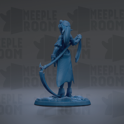 A blue figurine of a female character with long hair and a flowing dress, holding a sword and standing on a base.