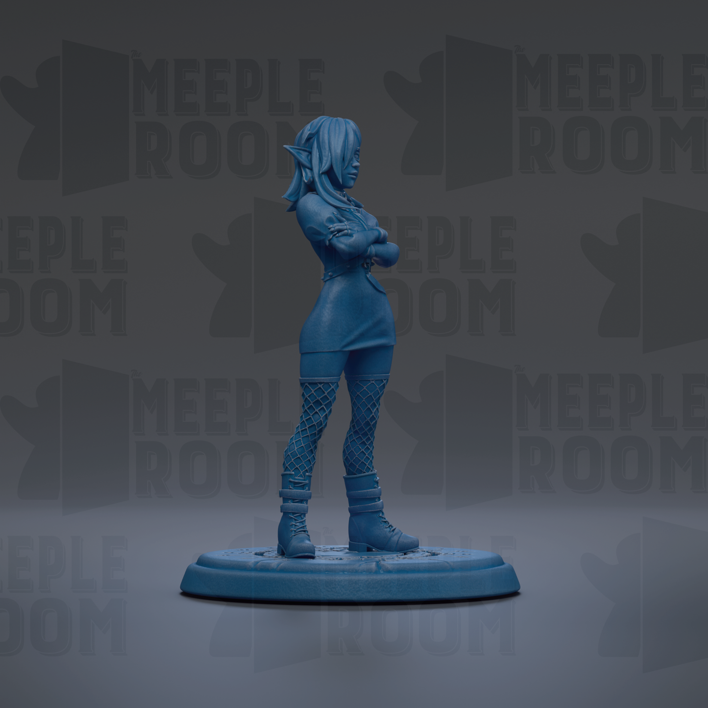 A blue figurine of a woman with long hair and a serious expression stands on a platform against a dark background with repeated text.