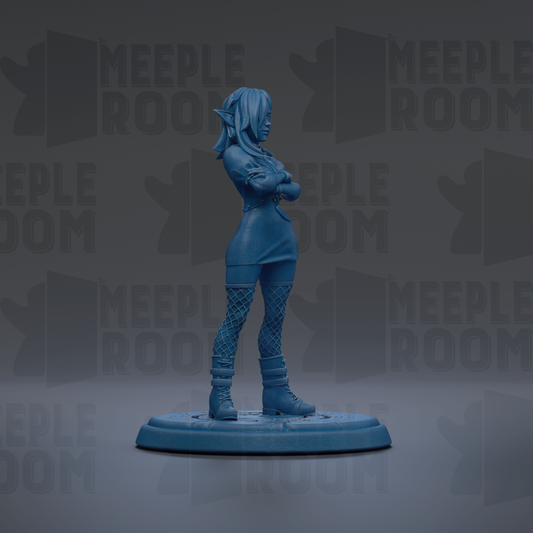 A blue figurine of a woman with long hair and a serious expression stands on a platform against a dark background with repeated text.