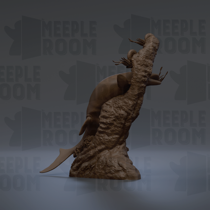 a sculpture of a fish, possibly a mermaid, with a large, curved tail and fins. The sculpture is set against a dark background with repeated text that reads "MEEPLE ROOM".