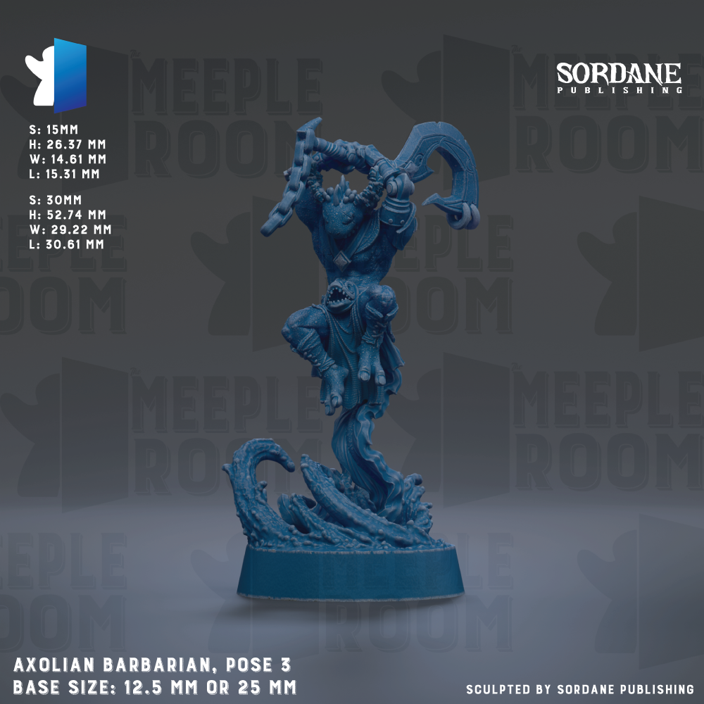 a blue figurine of an armored figure, possibly a barbarian, posed in a dynamic fighting stance. The figurine is described as a "base size: 12.5 mm" or "25 mm" and is shown against a dark background with repeated text and logos.