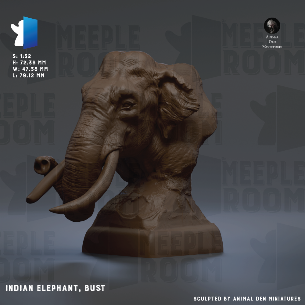 The image is a 3D model of an Indian elephant bust, with a detailed and realistic representation of the animal's head and trunk.