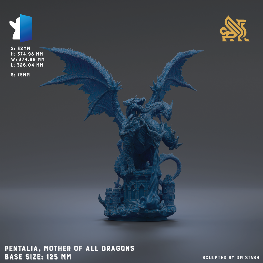 The image is a 3D rendering of a blue dragon statue, depicting a mother dragon. The dragon is shown in a dynamic pose, with its wings spread wide. The image is described as a base size of 125 millimeters and is sculpted by DM Stash.