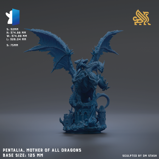 The image is a 3D rendering of a blue dragon statue, depicting a mother dragon. The dragon is shown in a dynamic pose, with its wings spread wide. The image is described as a base size of 125 millimeters and is sculpted by DM Stash.
