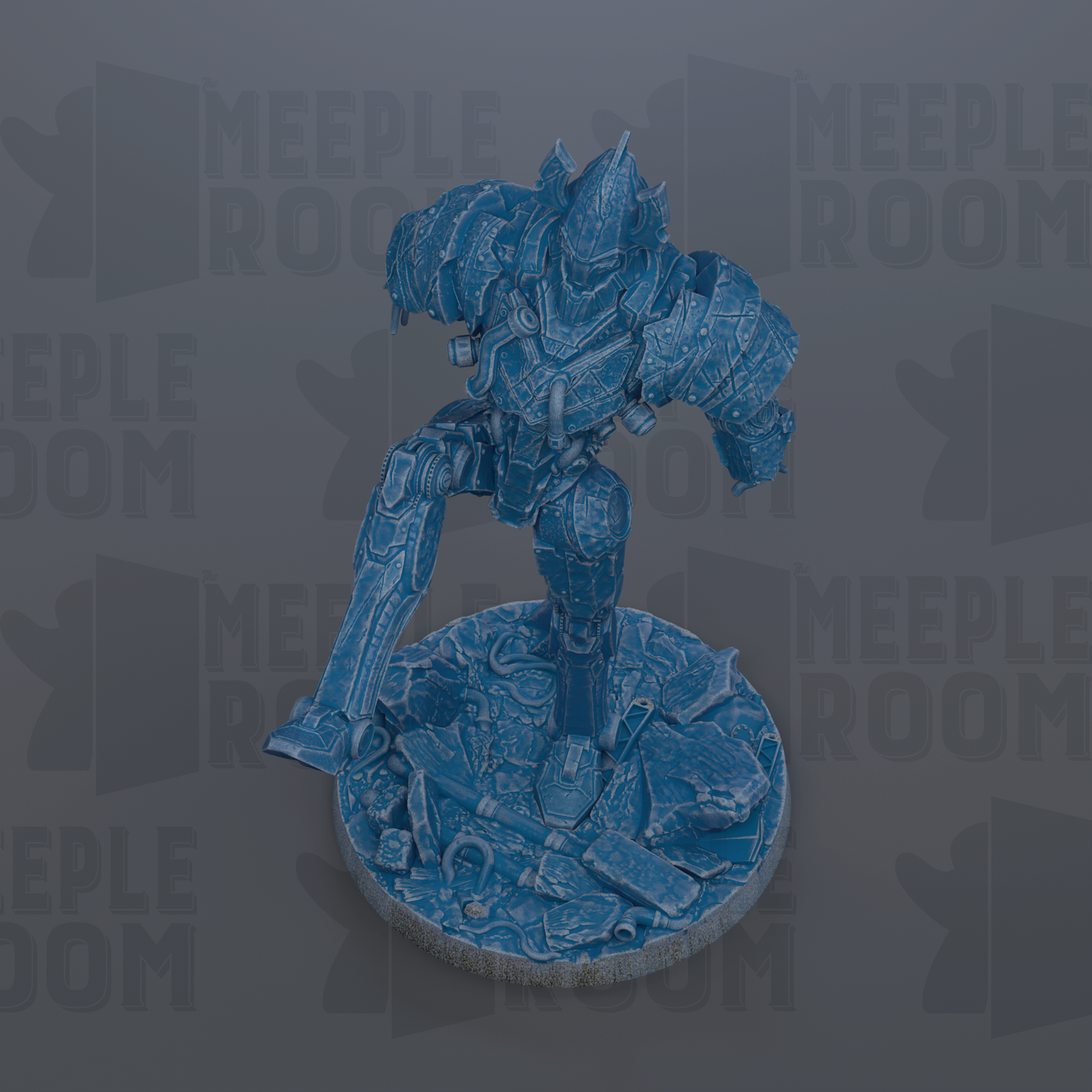 A 3D rendering of a blue armored robot or character, standing on a circular base and appearing to be in motion.