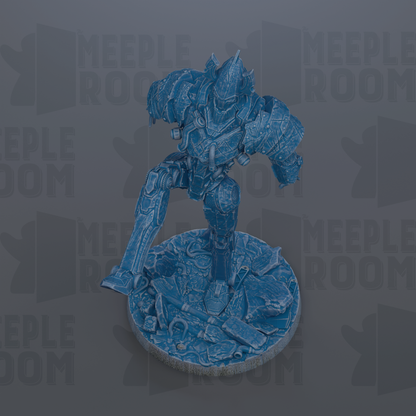 A 3D rendering of a blue armored robot or character, standing on a circular base and appearing to be in motion.