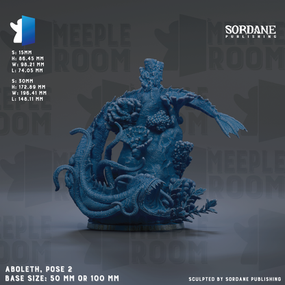The image is a detailed sculpture of a large, blue, aquatic creature with tentacles and other marine life. The sculpture is displayed on a stand, and the base size is either 50mm or 100mm. The image is a collaboration between Sordane Publishing and the artist, and it is a sculpted piece of art.