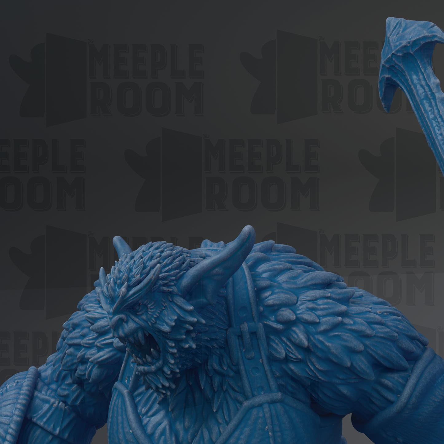 A close-up view of a blue, furry monster statue with sharp teeth and an intense expression, set against a dark background with repeated text.