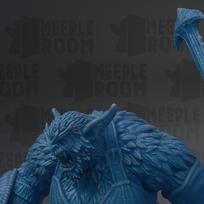 A close-up view of a blue, furry monster statue with sharp teeth and an intense expression, set against a dark background with repeated text.