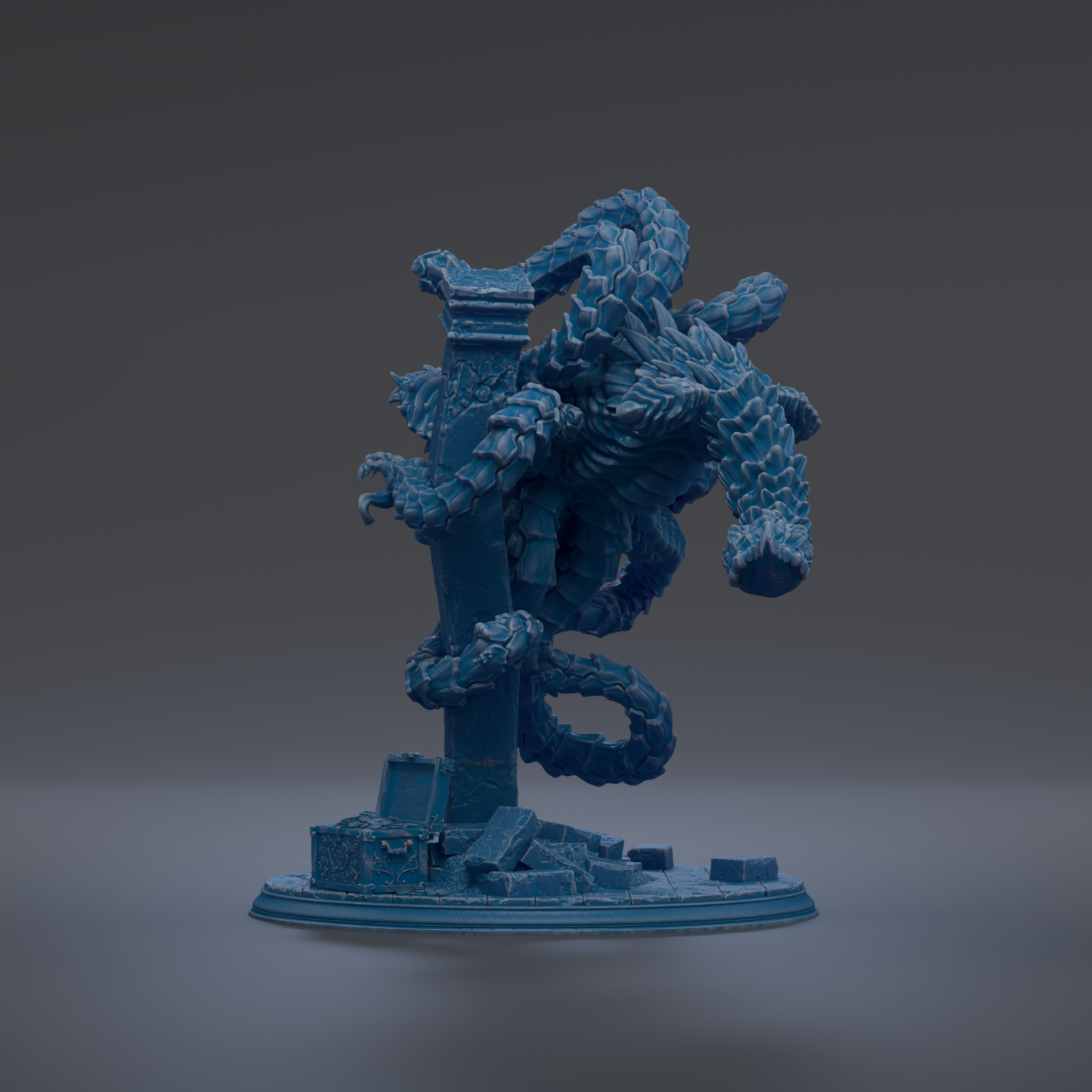 A 3D rendering of a blue, abstract sculpture with a twisted, coiled shape resembling a snake or cobra.