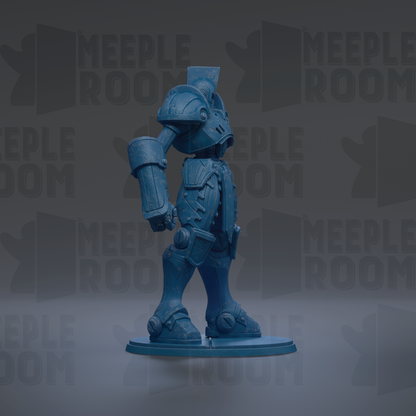 A blue, armored toy figure stands on a base against a dark background with repeated text.