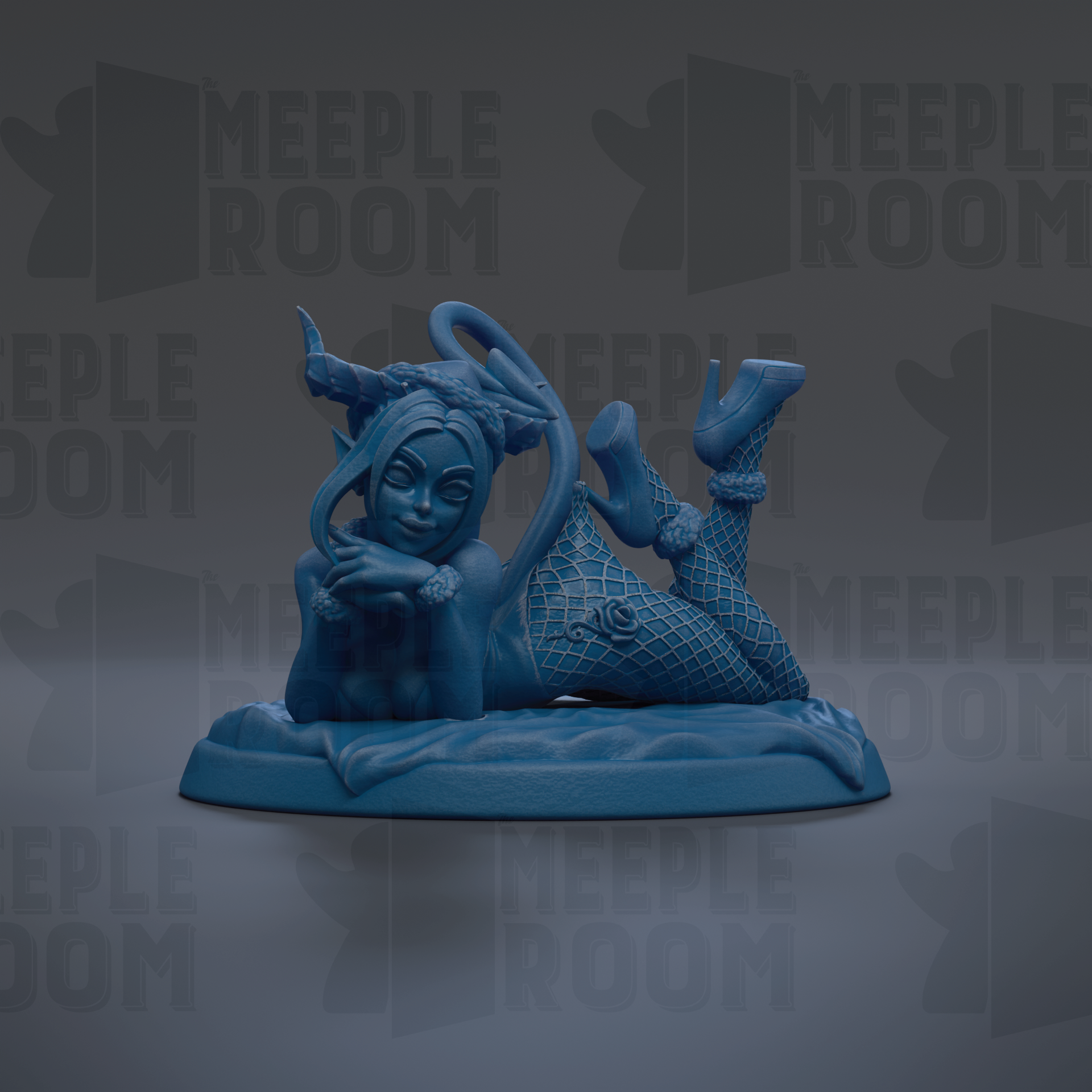 A blue figurine of a woman with horns and a fishnet outfit is displayed against a dark background with repeated text.