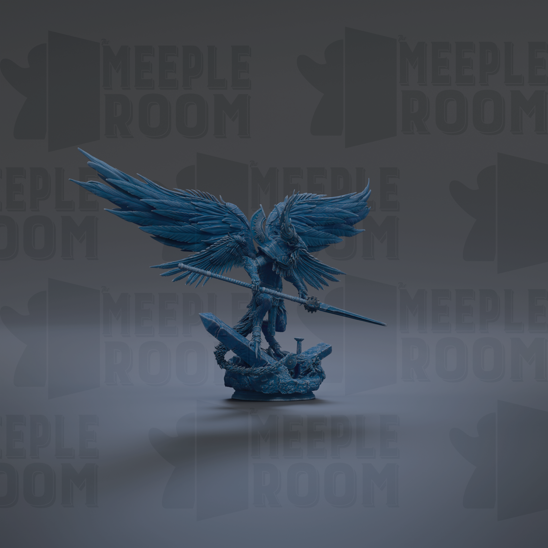 A blue, winged statue with a sword stands prominently against a dark background with repeated "MEIPLE ROOM" text.