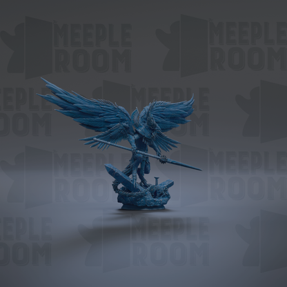 A blue, winged statue with a sword stands prominently against a dark background with repeated "MEIPLE ROOM" text.
