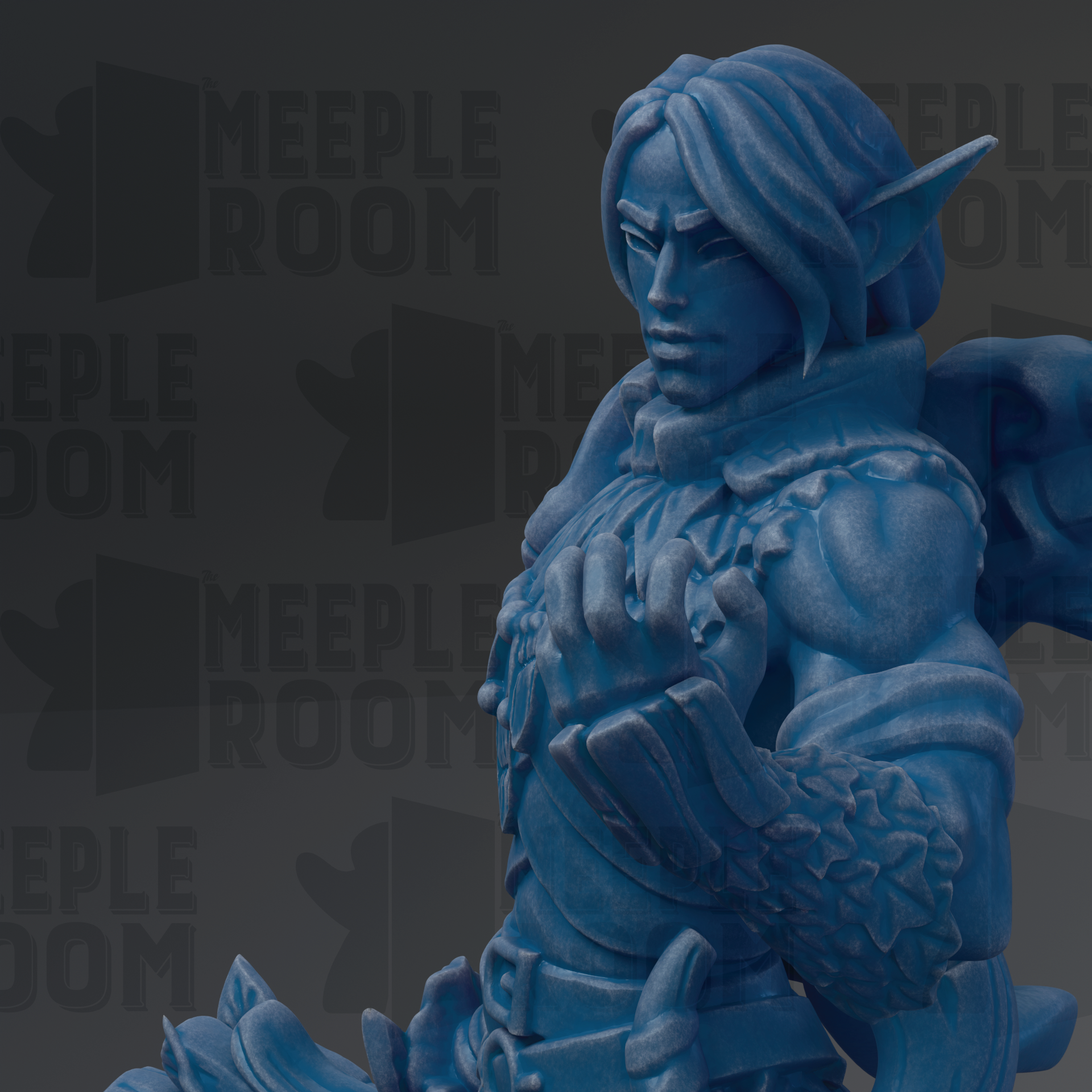 A close-up of a blue, detailed statue of a character with a serious expression, wearing a decorative outfit and holding a weapon.