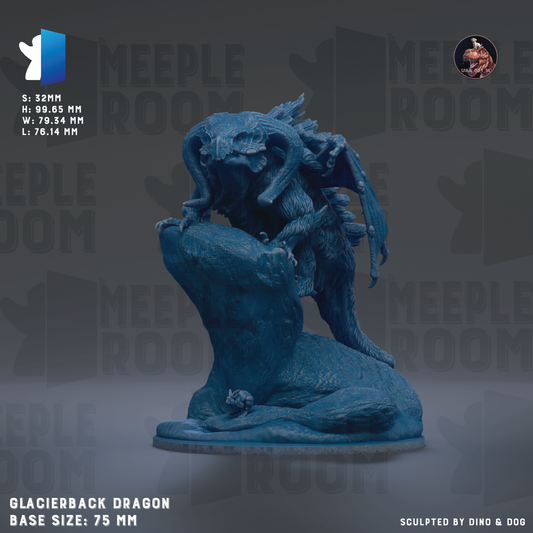 The image is a 3D model of a blue, sculpted dragon statue. The dragon is depicted in a dynamic pose, with its wings spread wide and its head tilted upwards. The base size of the dragon is 75 millimeters. The image is a collage of various images, and it is described as a "base size" and "sculpted by dinosaur & dog".