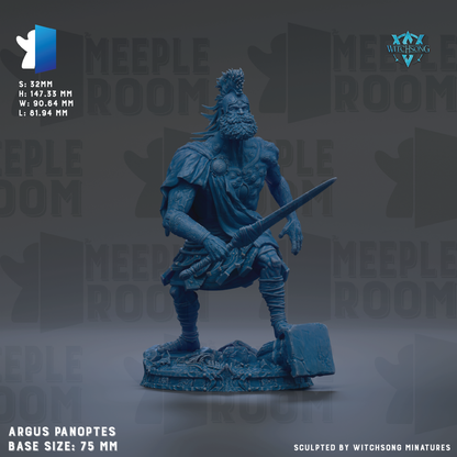 The image is a statue of a man with a beard and a helmet, holding a sword and standing on a rock. The statue is described as a "argus panoptes" base size of 7.5 mm.