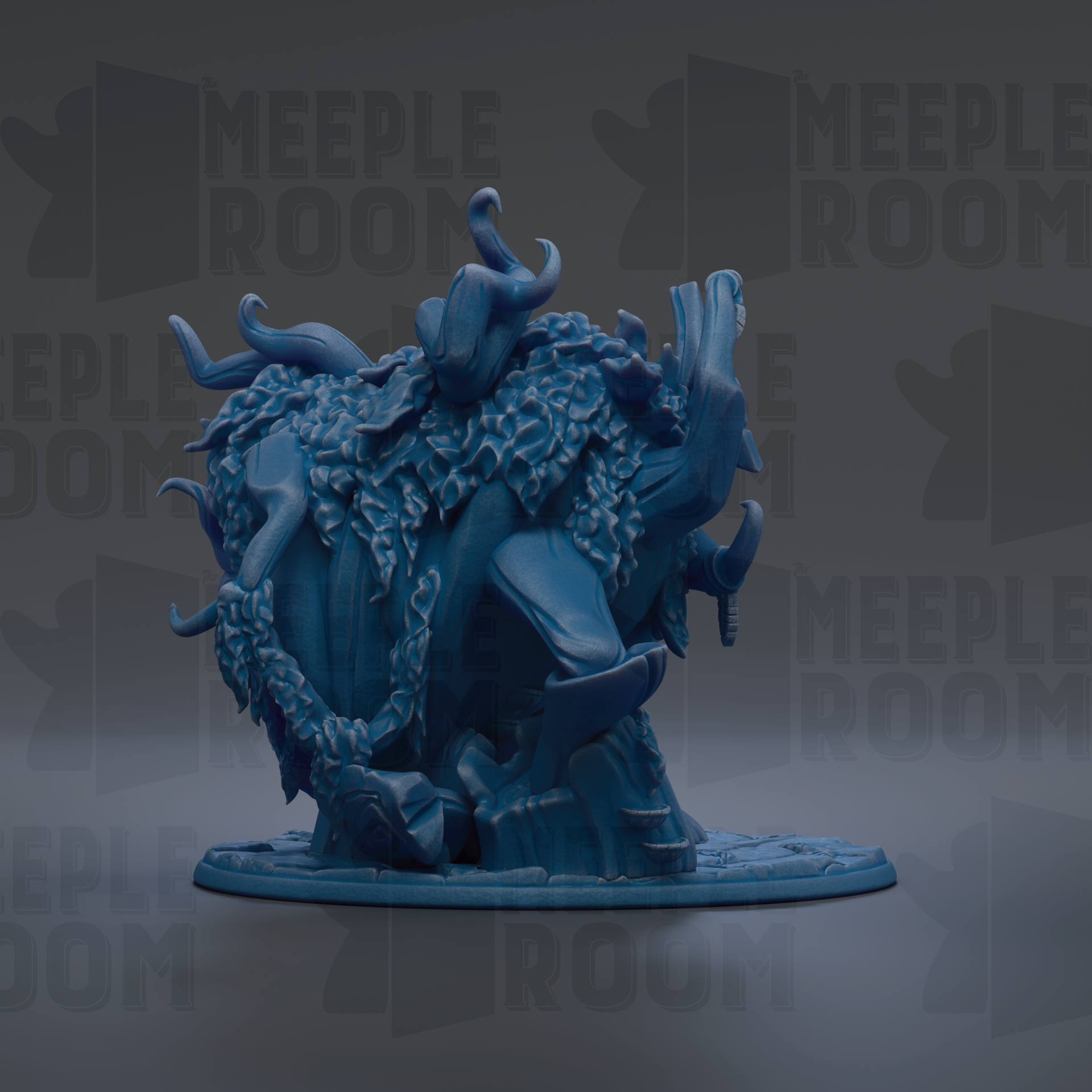 A blue, abstract sculpture with flowing, organic shapes and textures, resembling a plant or organic form.