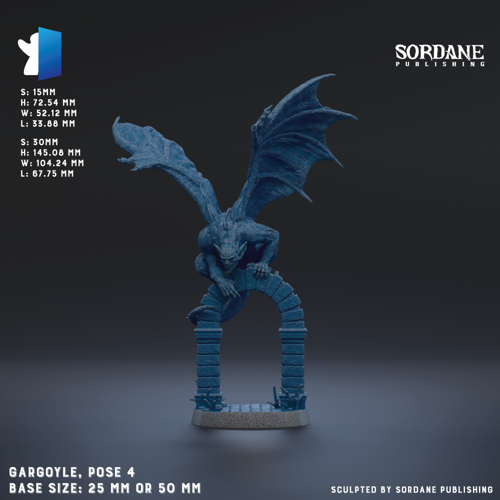A blue dragon statue with wings spread, standing on a stone pedestal. The image is a pose of the dragon, and it is described as a 25mm or 50mm base size.