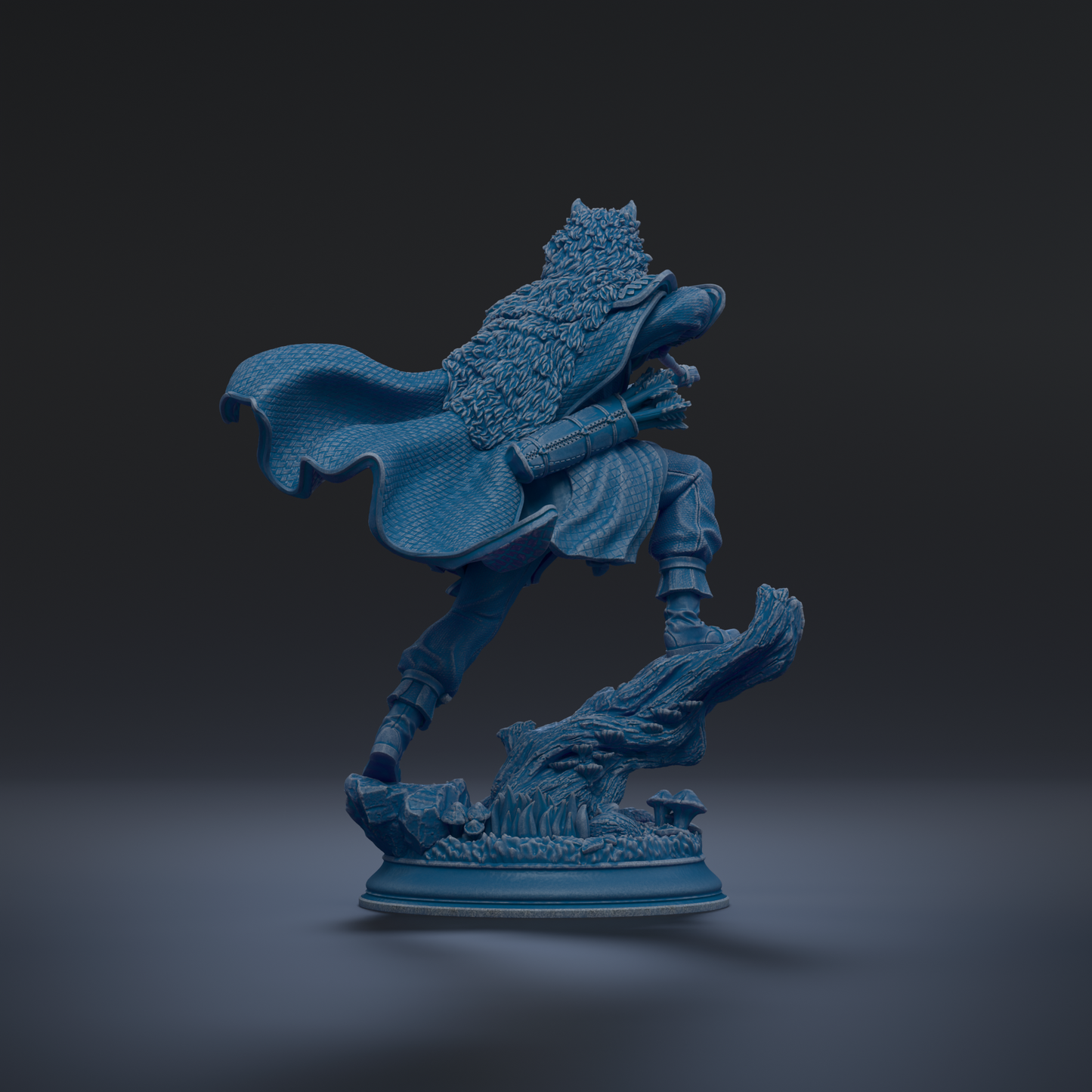 A blue statue of a person in a flowing robe and holding a weapon, standing on a rock formation against a dark background.