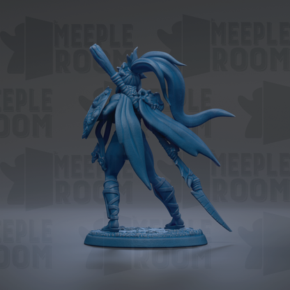 A blue figurine of a warrior standing on a base, with a sword and shield in hand, against a dark background with repeated text.