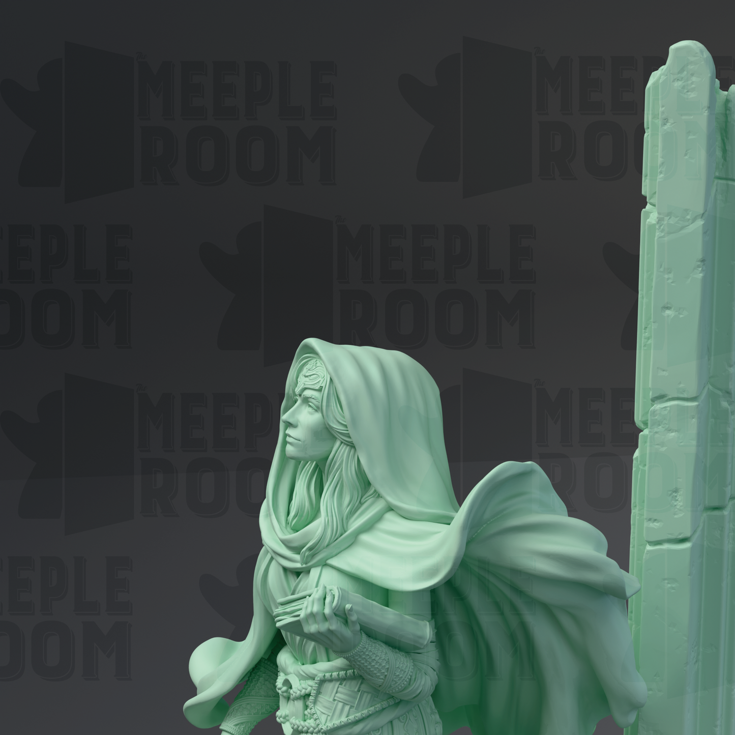 A green statue of a woman with a flowing robe and a hood, standing in front of a dark background with repeated text.