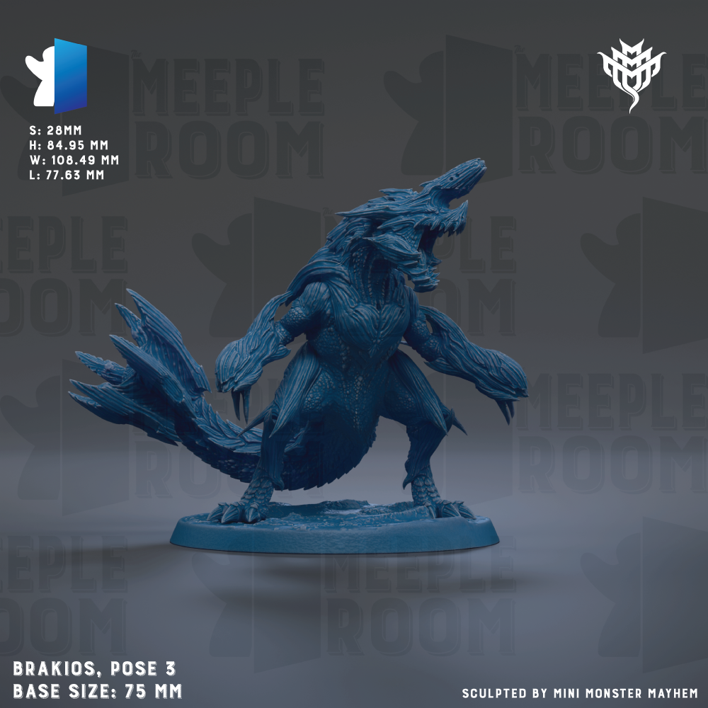 a blue, three-legged monster figurine with sharp teeth, standing on a base. The figurine is described as a "Mini Monster Mayhem" and is shown in a pose. The base size is 75 millimeters.