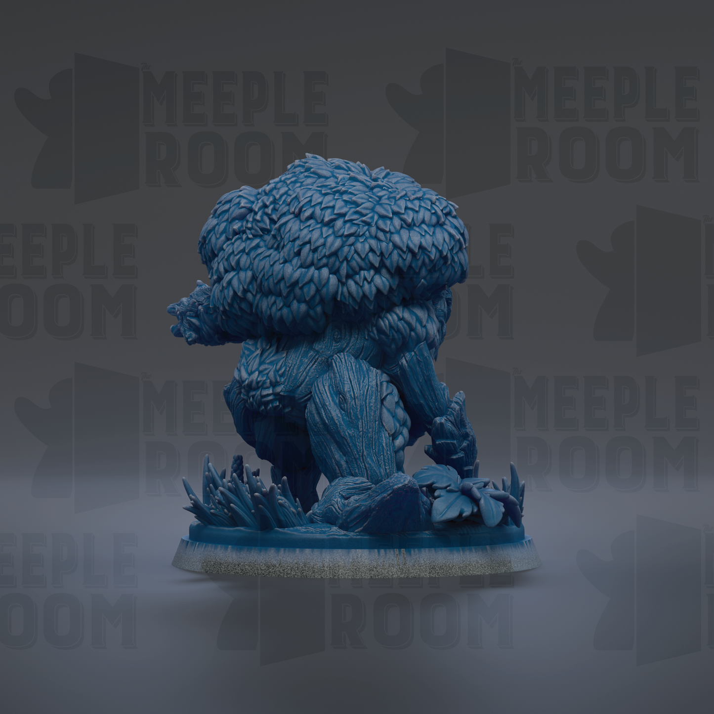 A blue, leafy tree-like sculpture stands on a base, surrounded by a dark background with repeated "MEPLE ROOM" text.