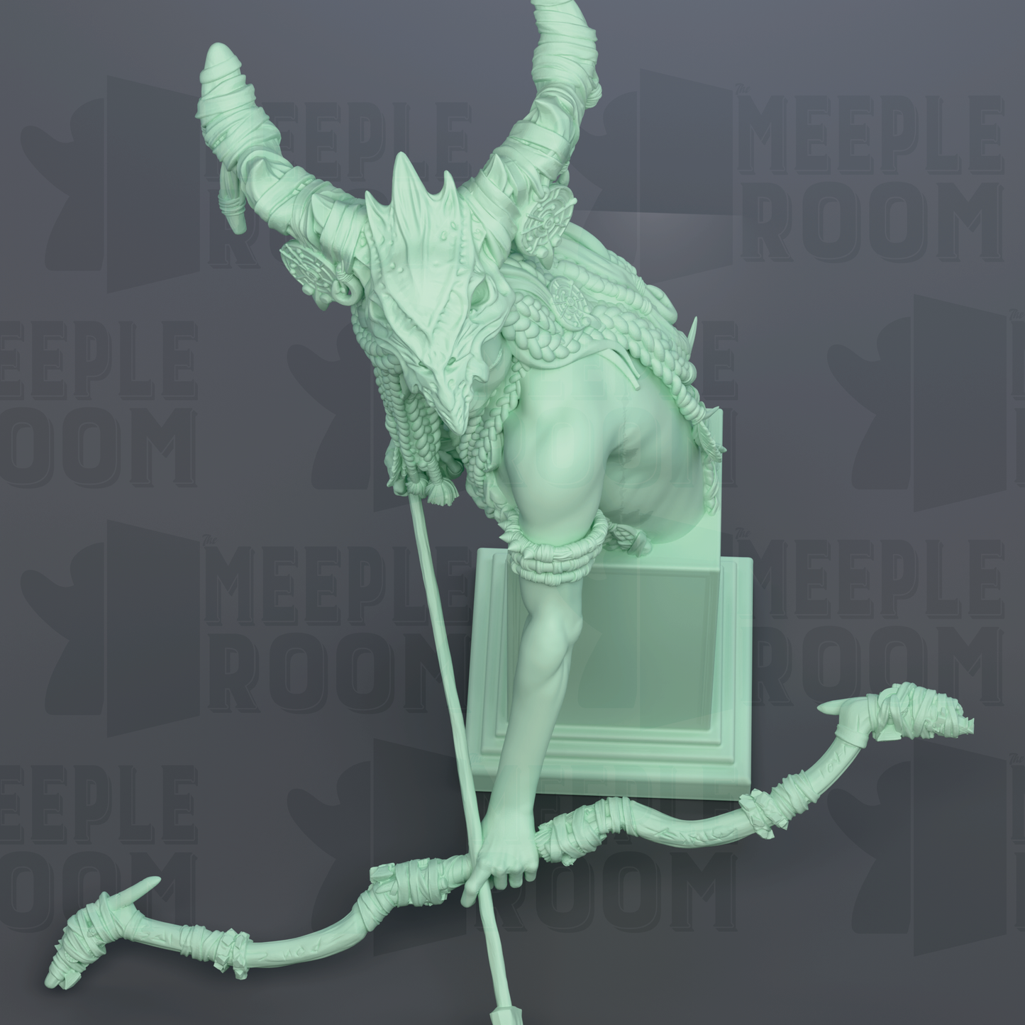 A detailed 3D rendering of a fantastical creature with horns and a large head, holding a bow and arrow.