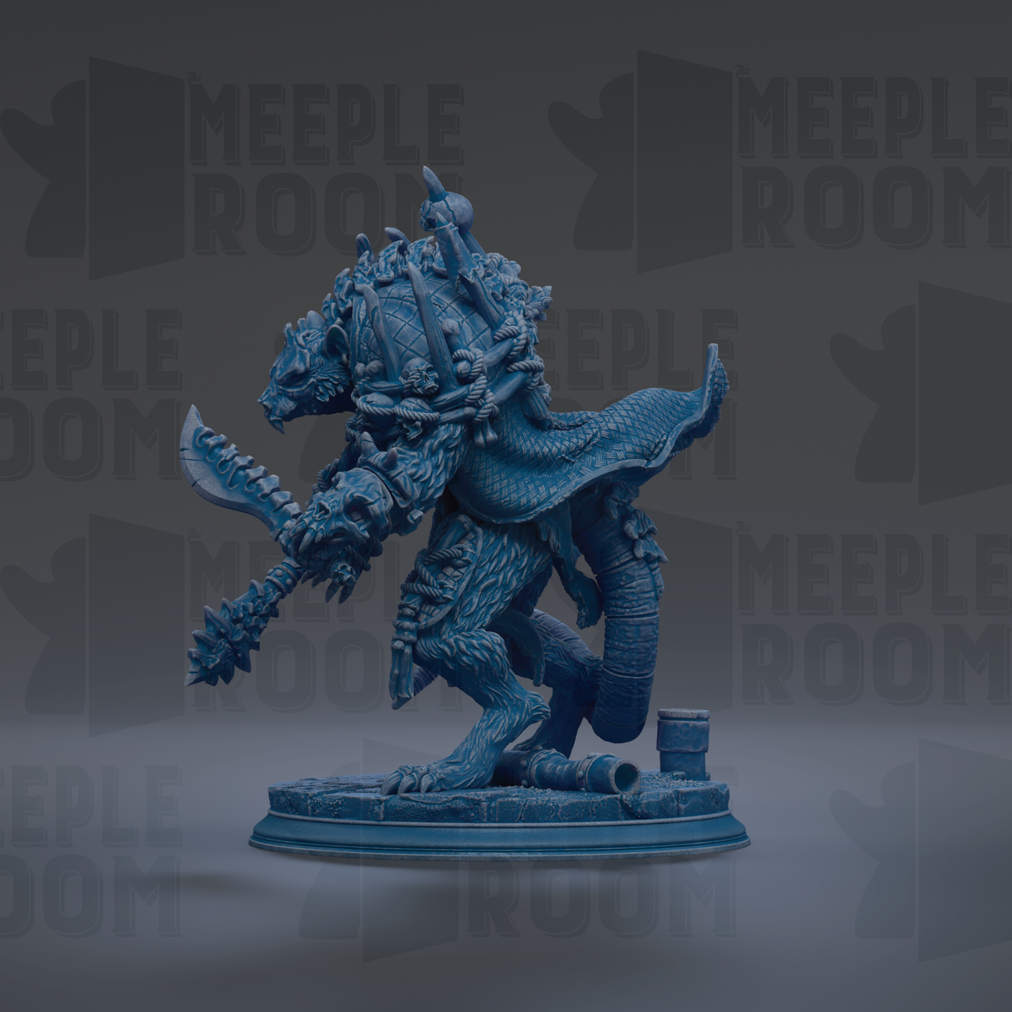 A blue, fantastical creature with a large head, sharp teeth, and a long tail, standing on a platform and holding a weapon.