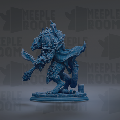 A blue, fantastical creature with a large head, sharp teeth, and a long tail, standing on a platform and holding a weapon.