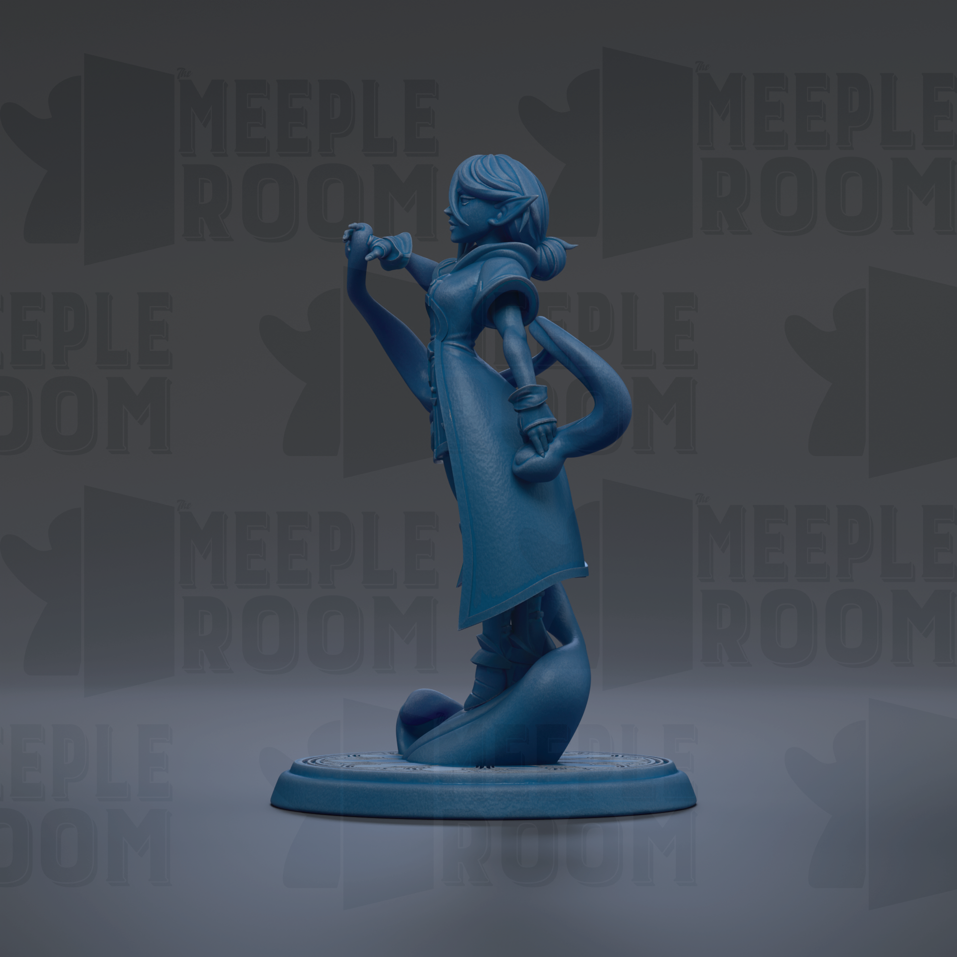 A blue figurine of a woman with a long, flowing dress stands on a base, with the text "MEUPLE ROOM" repeated in the background.