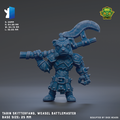 A 3D model of a battle-ready character, specifically a Weasel Battlemaster, with a large sword and a helmet. The character is depicted in a dynamic pose, ready for action.