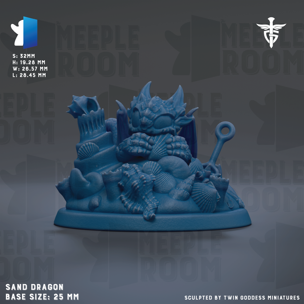 The image is a detailed 3D model of a sand dragon figurine, with a base size of 25mm. The dragon is sitting on a pile of seashells and other natural elements, creating a whimsical and intricate scene. The image is a sculpted piece of art, showcasing the craftsmanship and creativity of the artist.