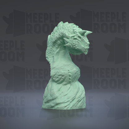 A green dragon statue is displayed against a dark background with repeated text.